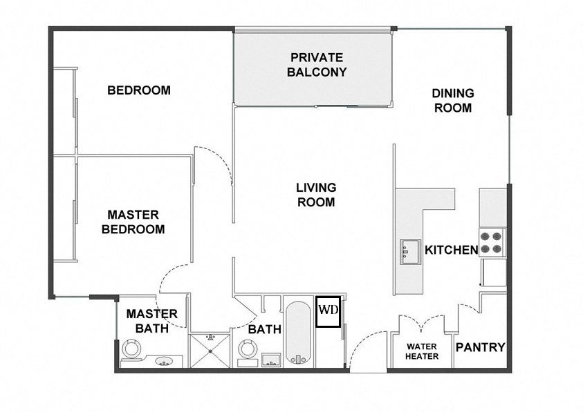 Floor plan for 2 beds, 2 baths, 1100 sqft